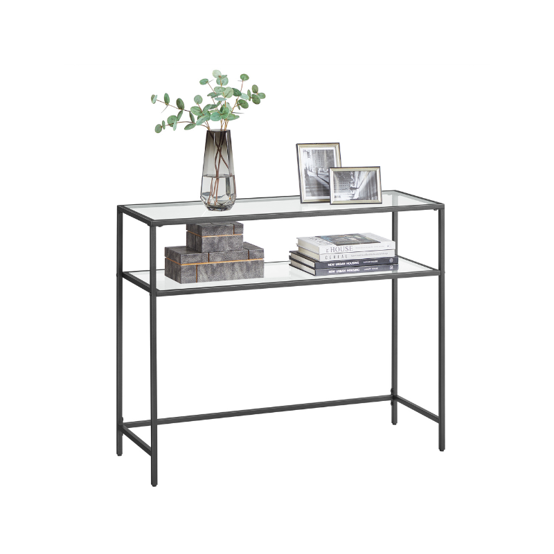 Console Sofa Table - 39.4 Inch - Glass Shelves Glam Style