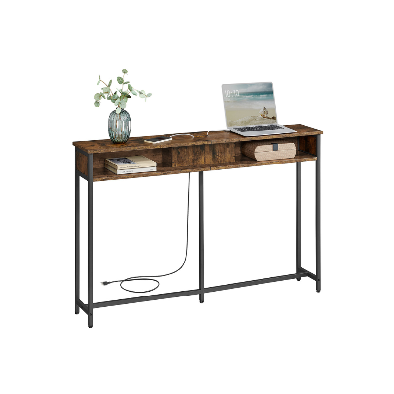 70 Inch Console Table With Outlet – Slim Design – Shelves for Entryway