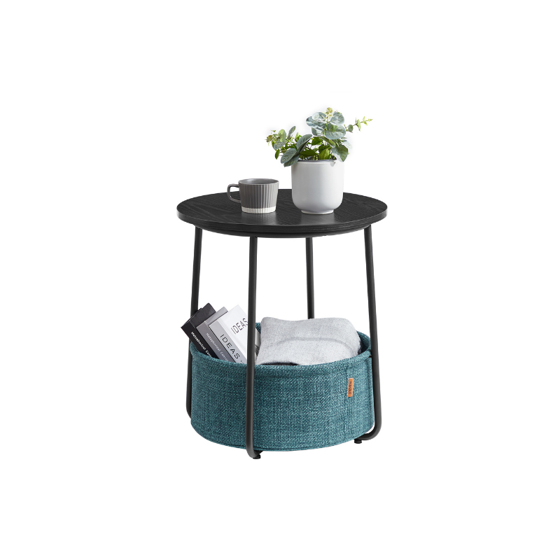 Nightstand - Modern Round - With Fabric Storage Basket
