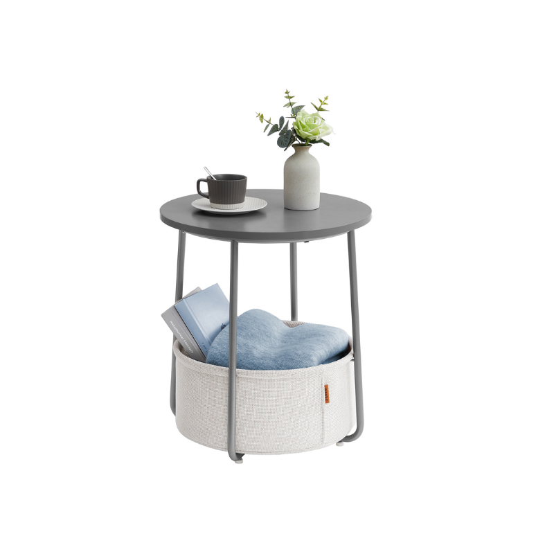Nightstand - Modern Round - With Fabric Storage Basket