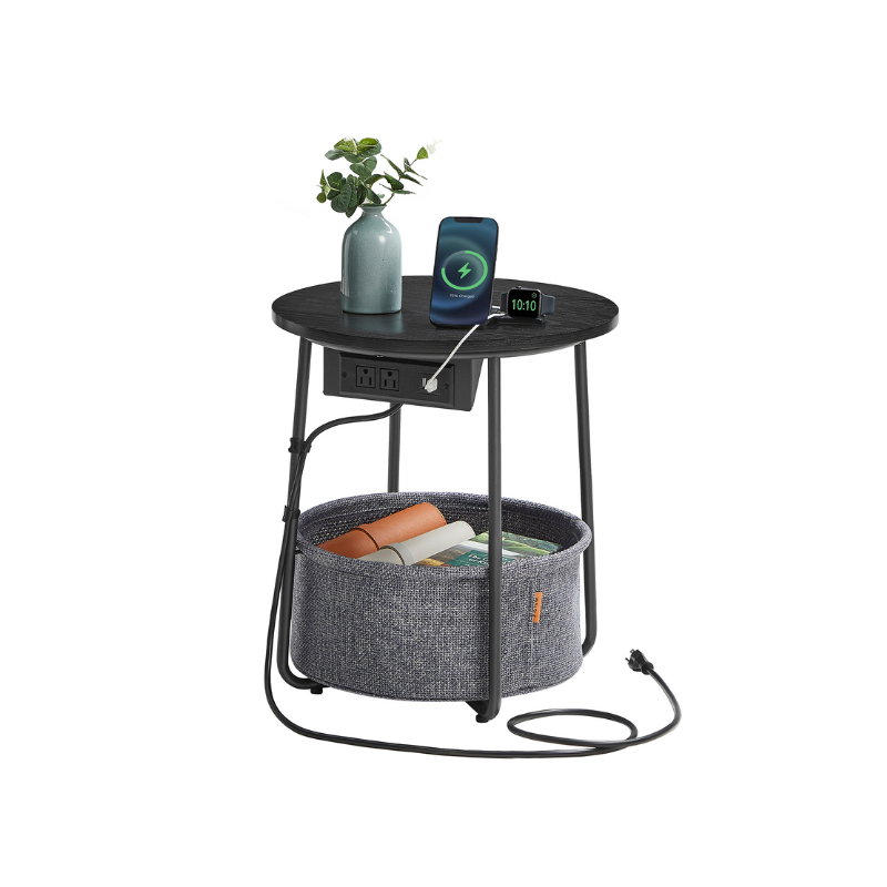Side Table With Charging Station – Fabric Basket – Metal Legs