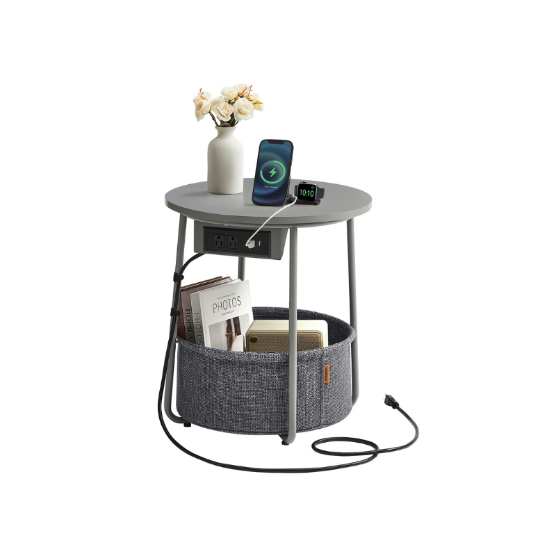 Side Table With Charging Station – Fabric Basket – Metal Legs