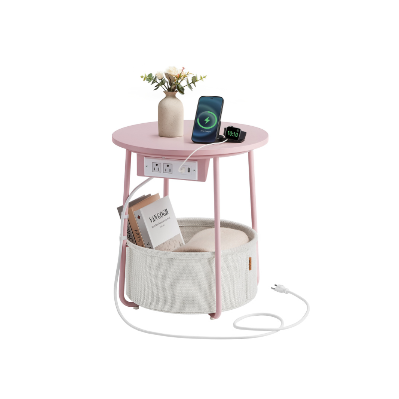 Side Table With Charging Station – Fabric Basket – Metal Legs