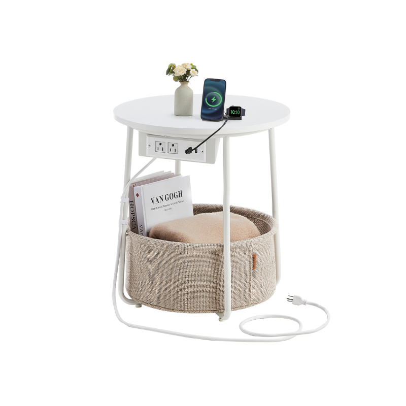 Side Table With Charging Station – Fabric Basket – Metal Legs