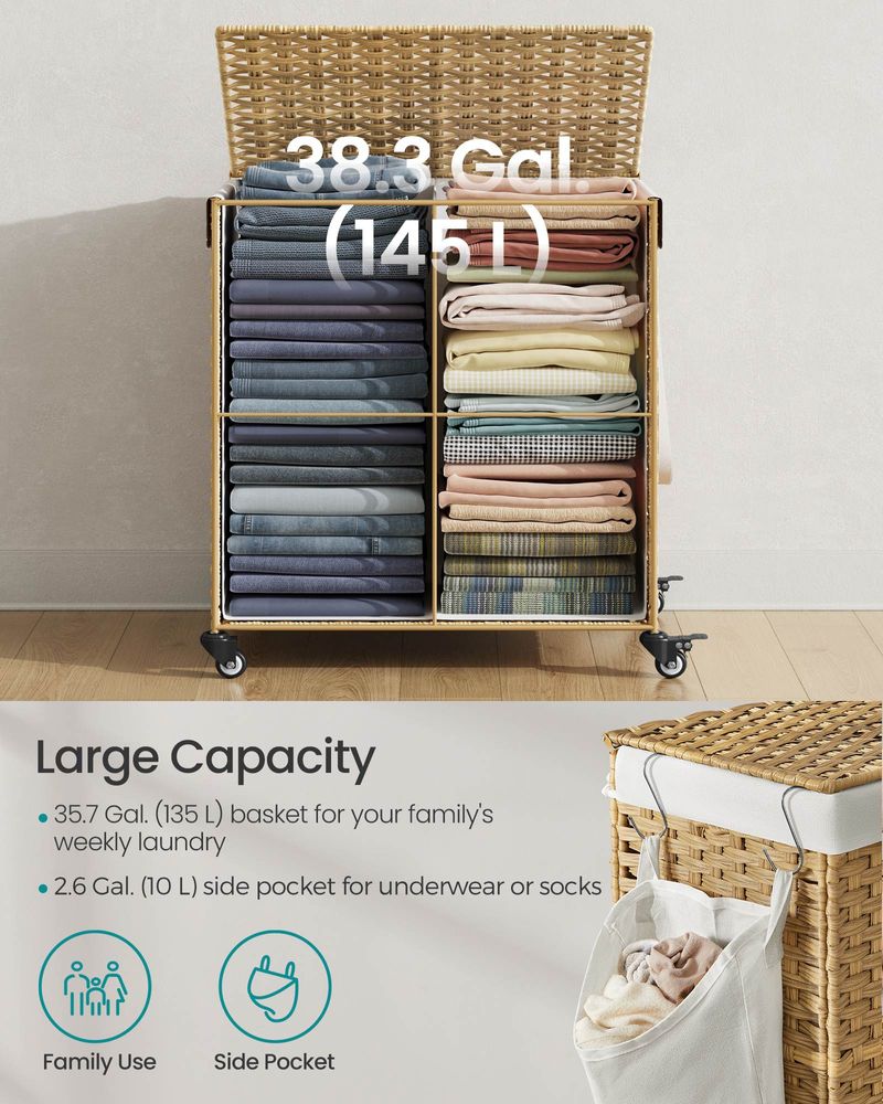 Laundry Basket - Rolling With Wheels - 3 Section - 145L & 160L