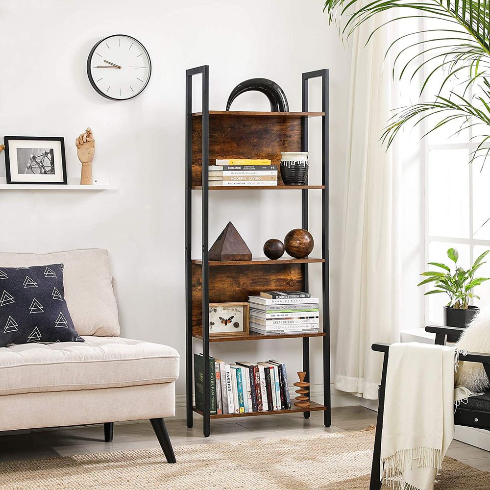 5 Tier Bookshelf With Steel Frame Tall Storage Shelving Unit