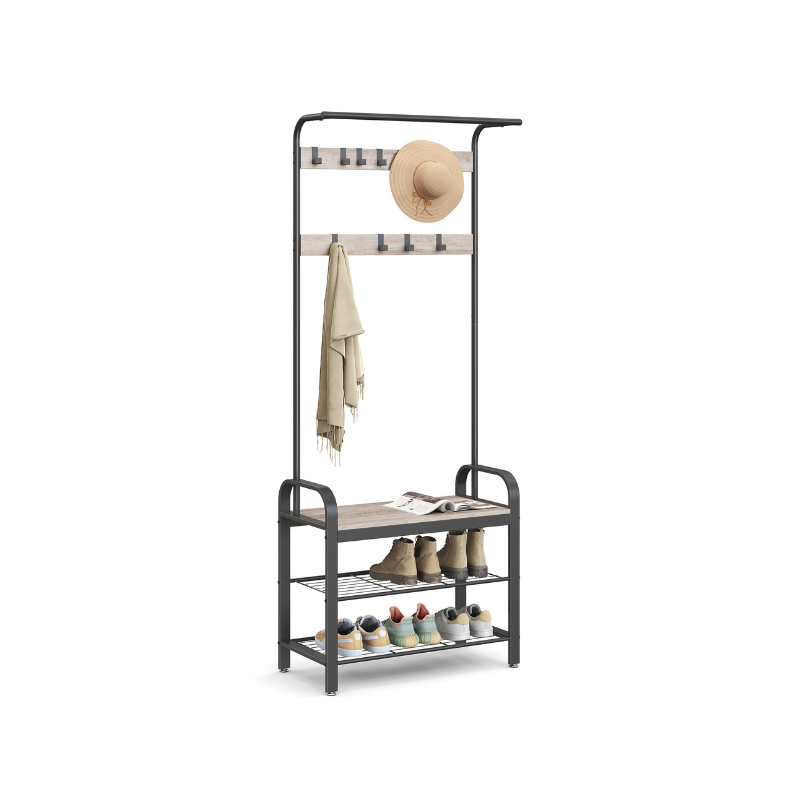 Industrial Coat Rack With Bench – 4-in-1 Hall Tree – Shoe Storage Entryway