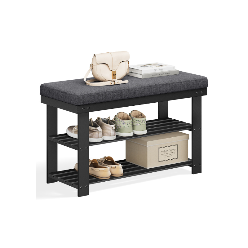 Shoe Bench - 3 Tier Bamboo - Cushioned Seat With Storage