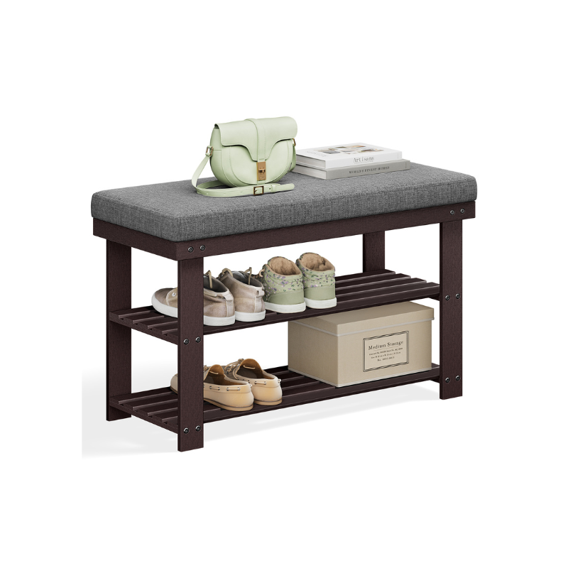 Shoe Bench - 3 Tier Bamboo - Cushioned Seat With Storage