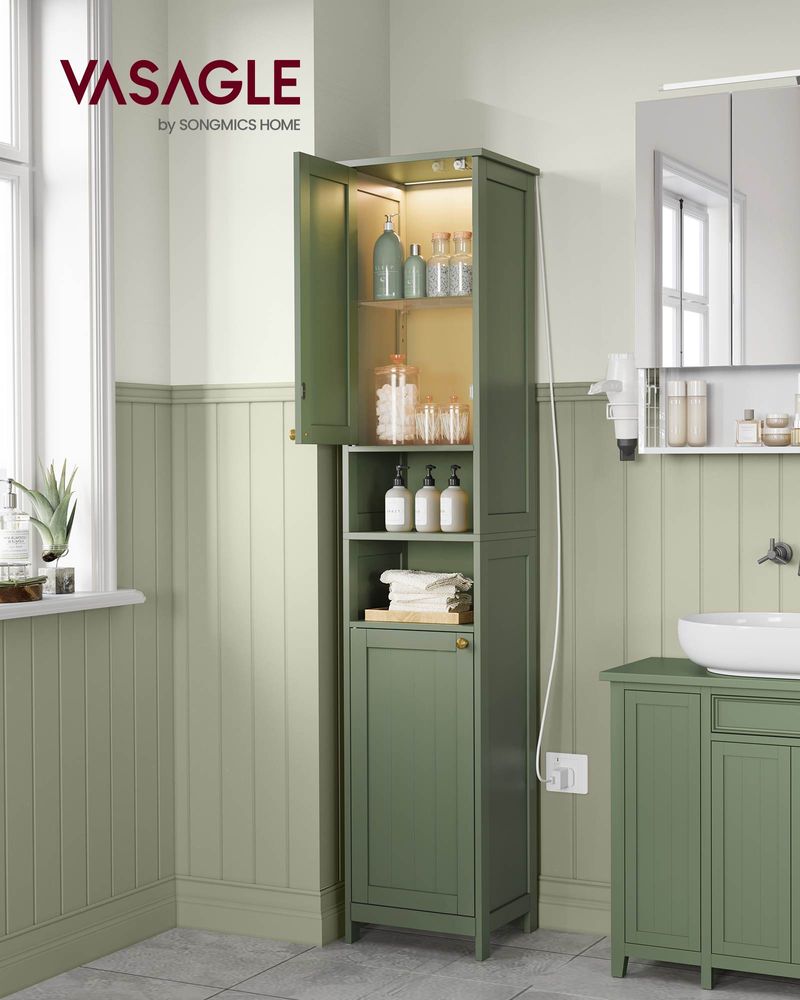 Tall Bathroom Cabinet with Lights – Narrow Design – Adjustable Shelves
