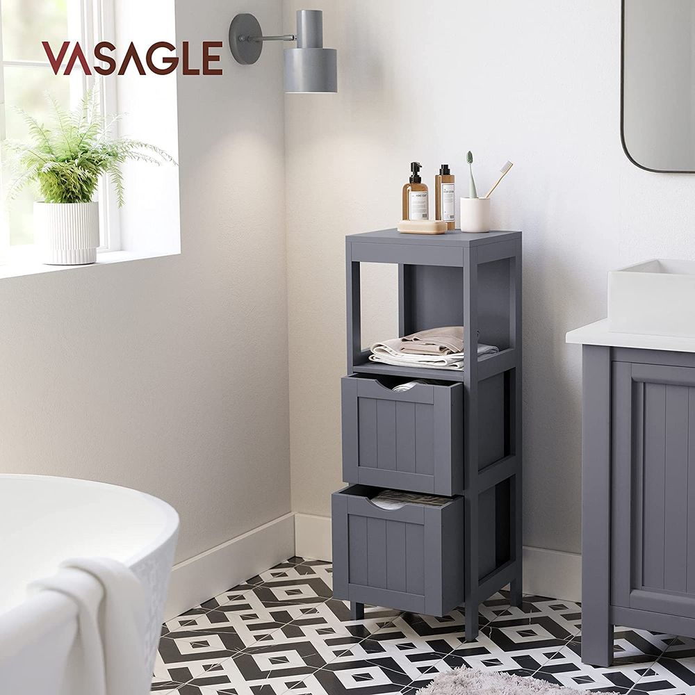 Bathroom Floor Storage Cabinet - Open Shelf - 2 Drawers Organizer
