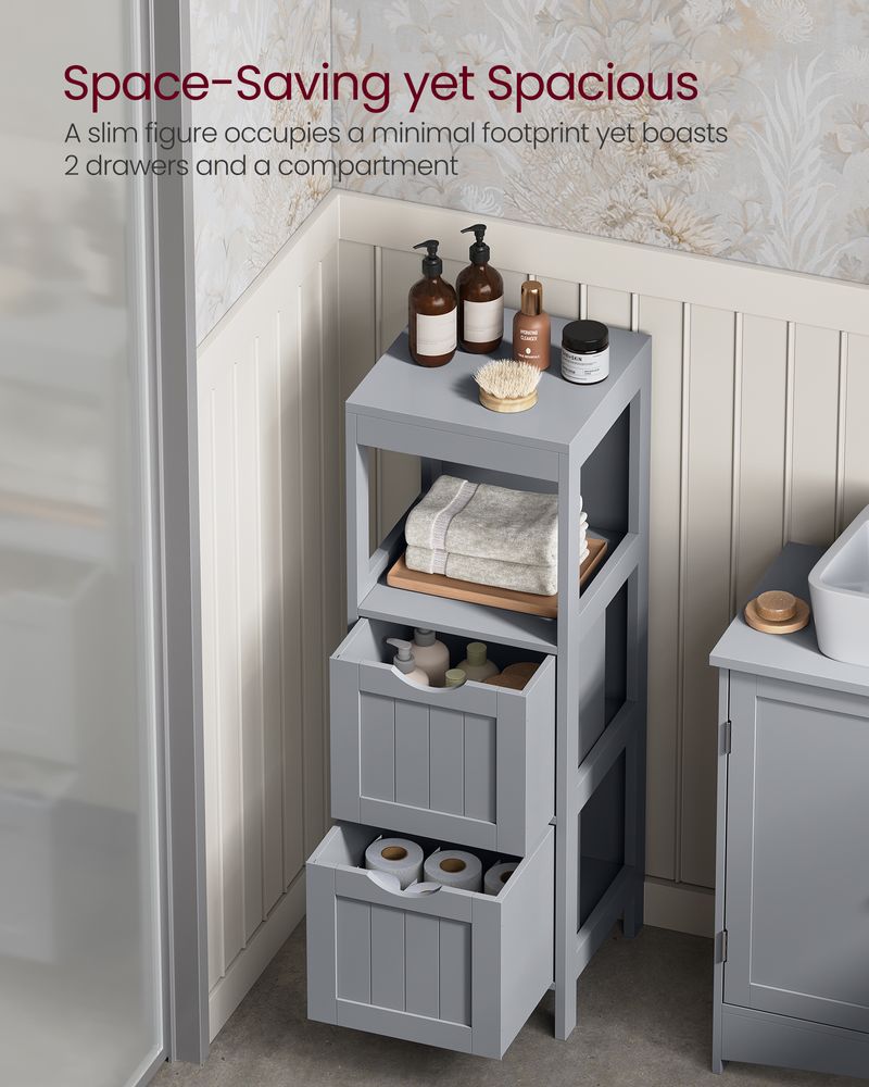 Bathroom Floor Cabinet - Slim With 2 Drawers - Freestanding Storage