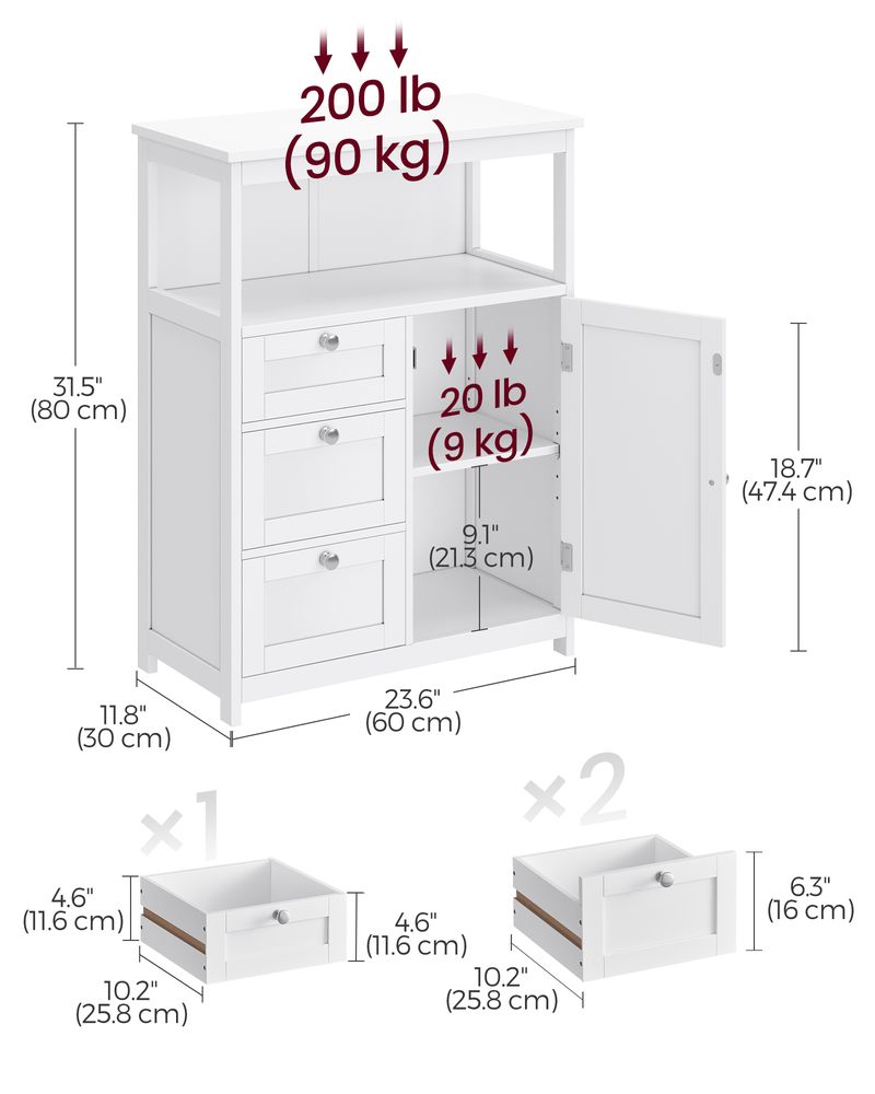 Bathroom Floor Storage Cabinet - 3 Drawers - Adjustable Shelf
