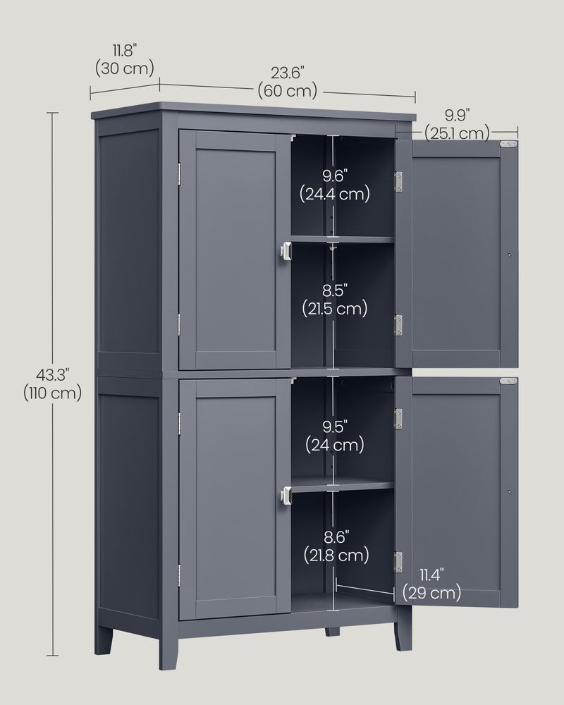 Bathroom Floor Storage Cabinet - 4 Doors - Adjustable Shelves