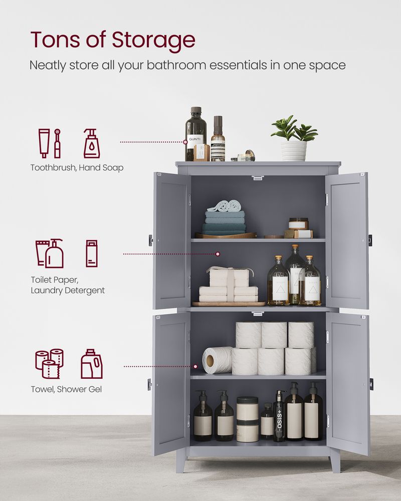 Bathroom Floor Storage Cabinet - 4 Doors - Adjustable Shelves