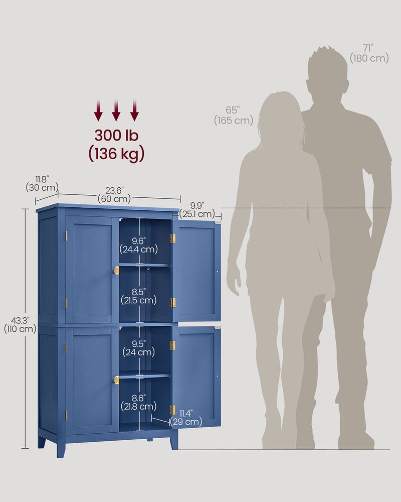 Bathroom Floor Storage Cabinet - 4 Doors - Adjustable Shelves
