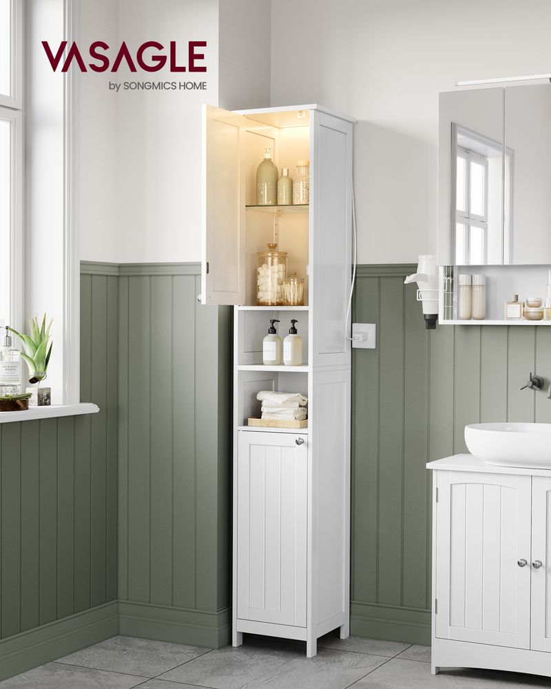 Tall Bathroom Cabinet with Lights – Narrow Design – Adjustable Shelves