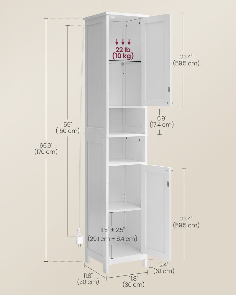 Tall Bathroom Cabinet with Lights – Narrow Design – Adjustable Shelves