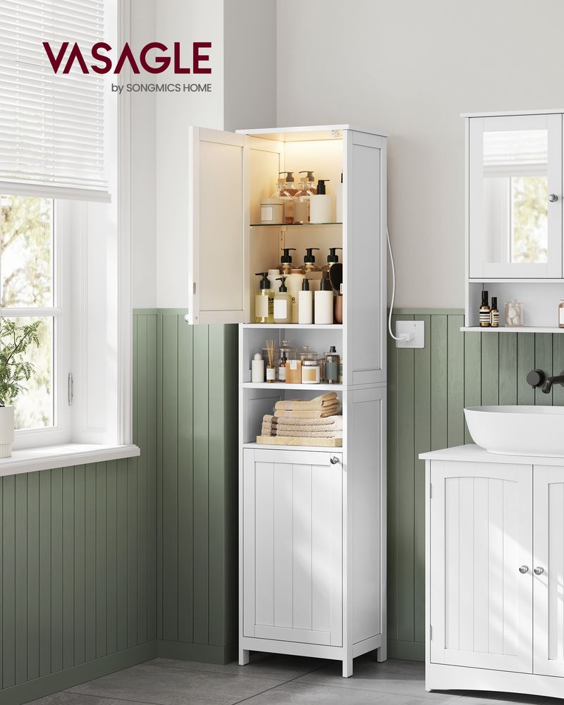Tall Bathroom Cabinet with Lights – Narrow Design – Adjustable Shelves