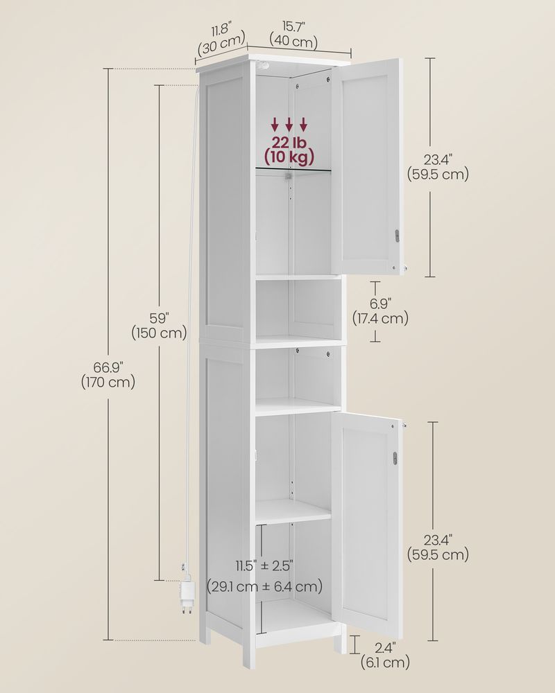 Tall Bathroom Cabinet with Lights – Narrow Design – Adjustable Shelves