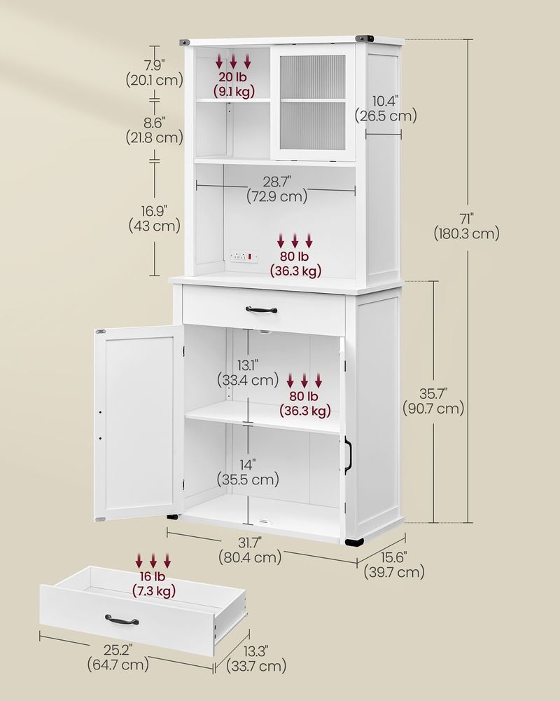 71 Inch Pantry Cabinet With Lights Charging Station Adjustable Shelves