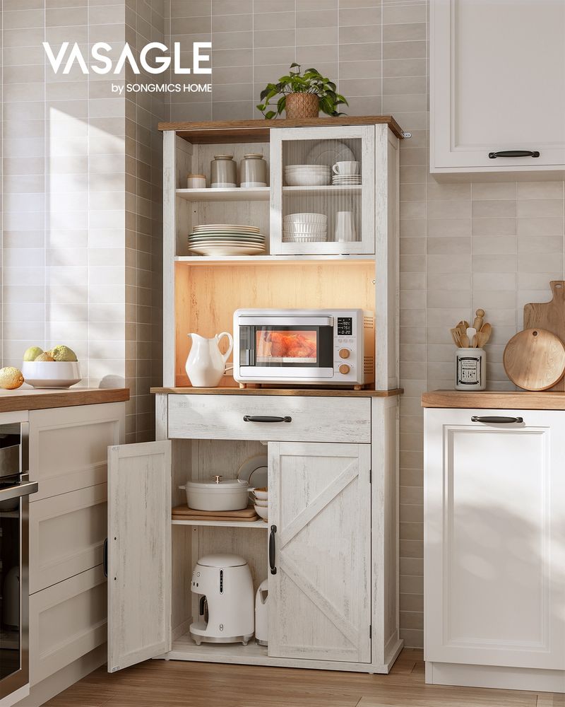 71 Inch Pantry Cabinet With Lights Charging Station Adjustable Shelves