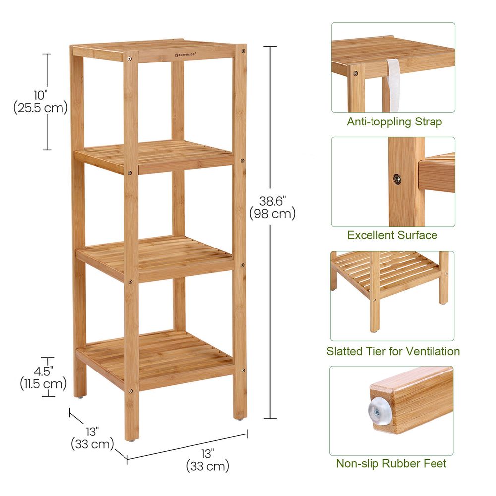 Bathroom Shelf - 4 Tier Bamboo - Slim Storage Rack