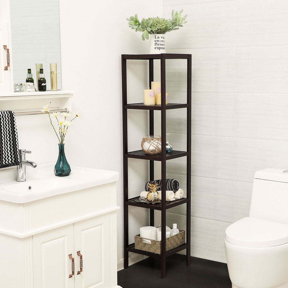 Bathroom Shelf - 5 Tier Bamboo - Slim Storage Rack