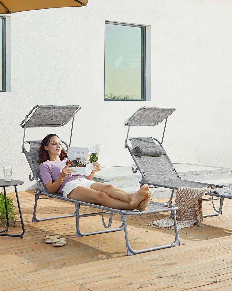 Sun Lounger With Sunshade Adjustable Backrest Folding Outdoor Lounge Chair