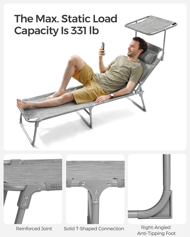 Sun Lounger With Sunshade Adjustable Backrest Folding Outdoor Lounge Chair