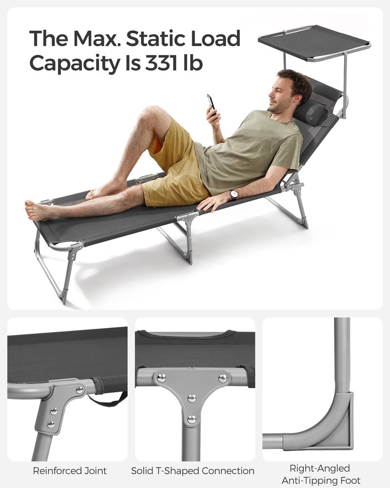 Sun Lounger With Sunshade Adjustable Backrest Folding Outdoor Lounge Chair