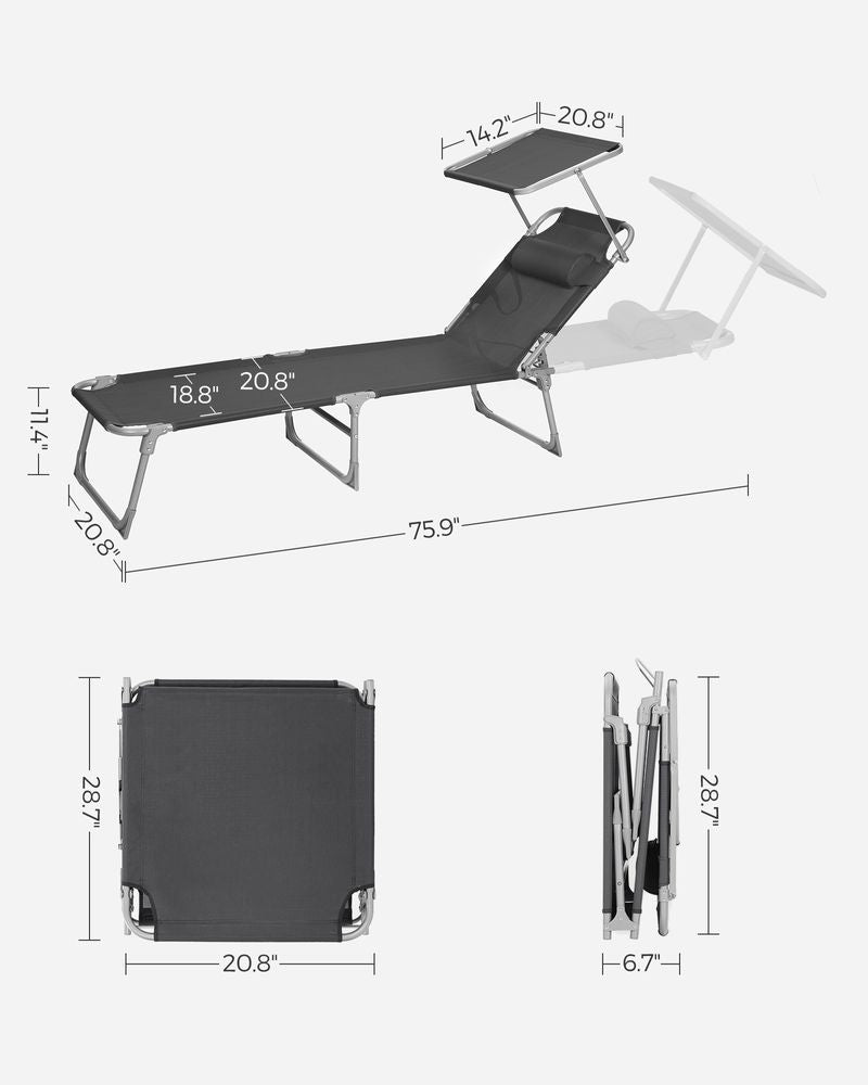 Sun Lounger With Sunshade Adjustable Backrest Folding Outdoor Lounge Chair