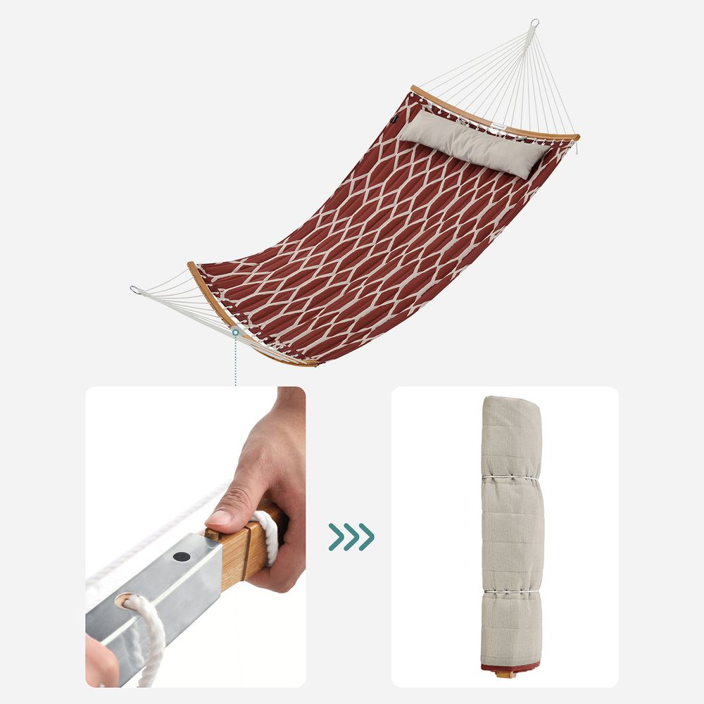 Quilted Hammock With Bamboo Spreader Bars and Pillow Portable Swing Bed
