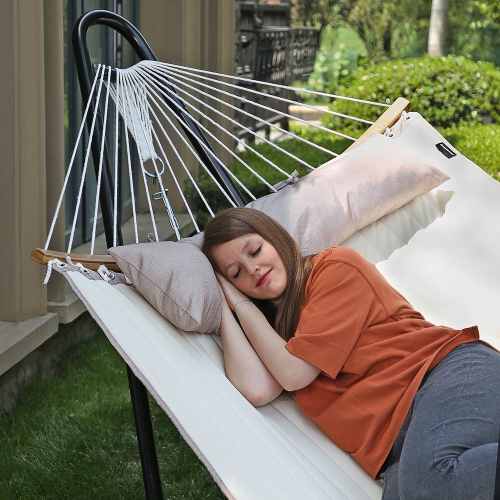 Quilted Hammock With Bamboo Spreader Bars and Pillow Portable Swing Bed