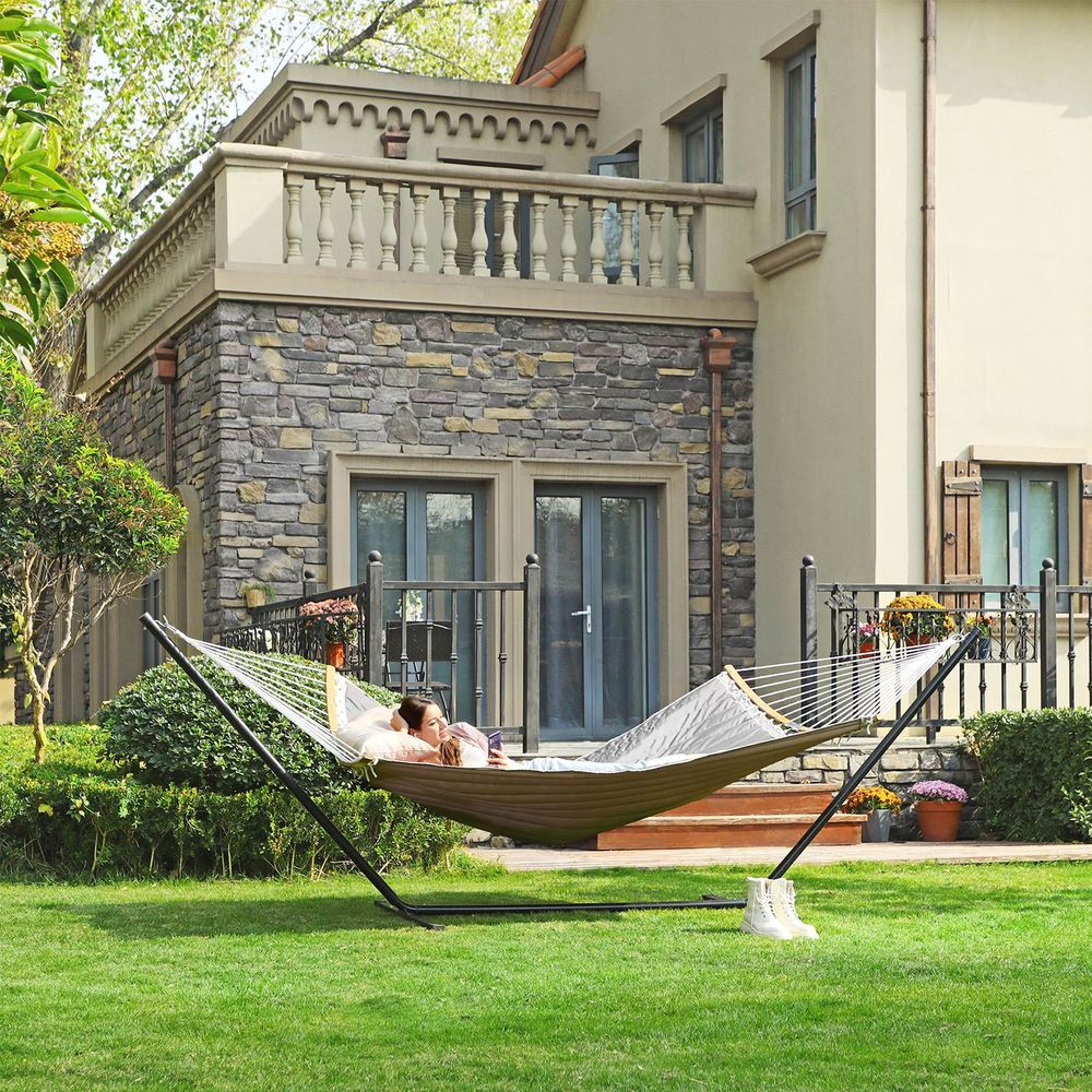 Quilted Hammock With Bamboo Spreader Bars and Pillow Portable Swing Bed