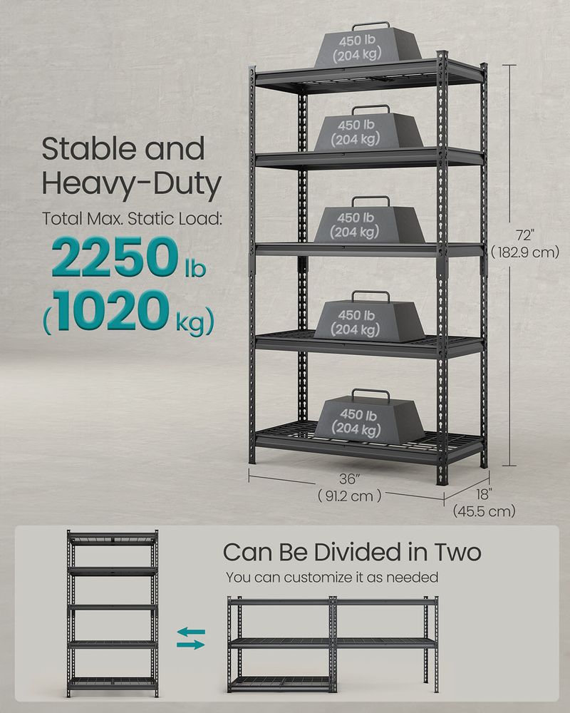 Storage Shelves - 5 Tier Adjustable - Heavy Duty Steel