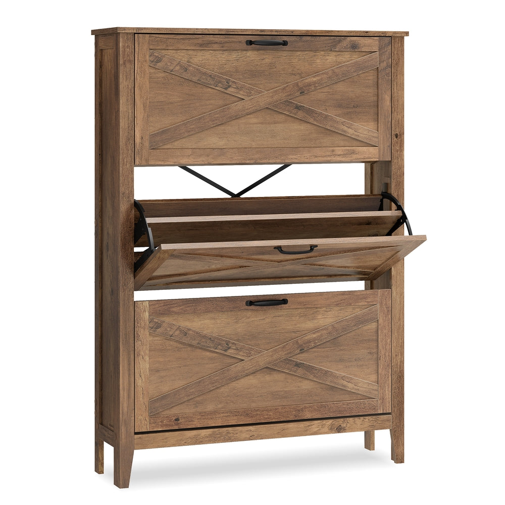 Shoe Storage Cabinet – 3 Flip Drawers – Farmhouse Entryway Organizer