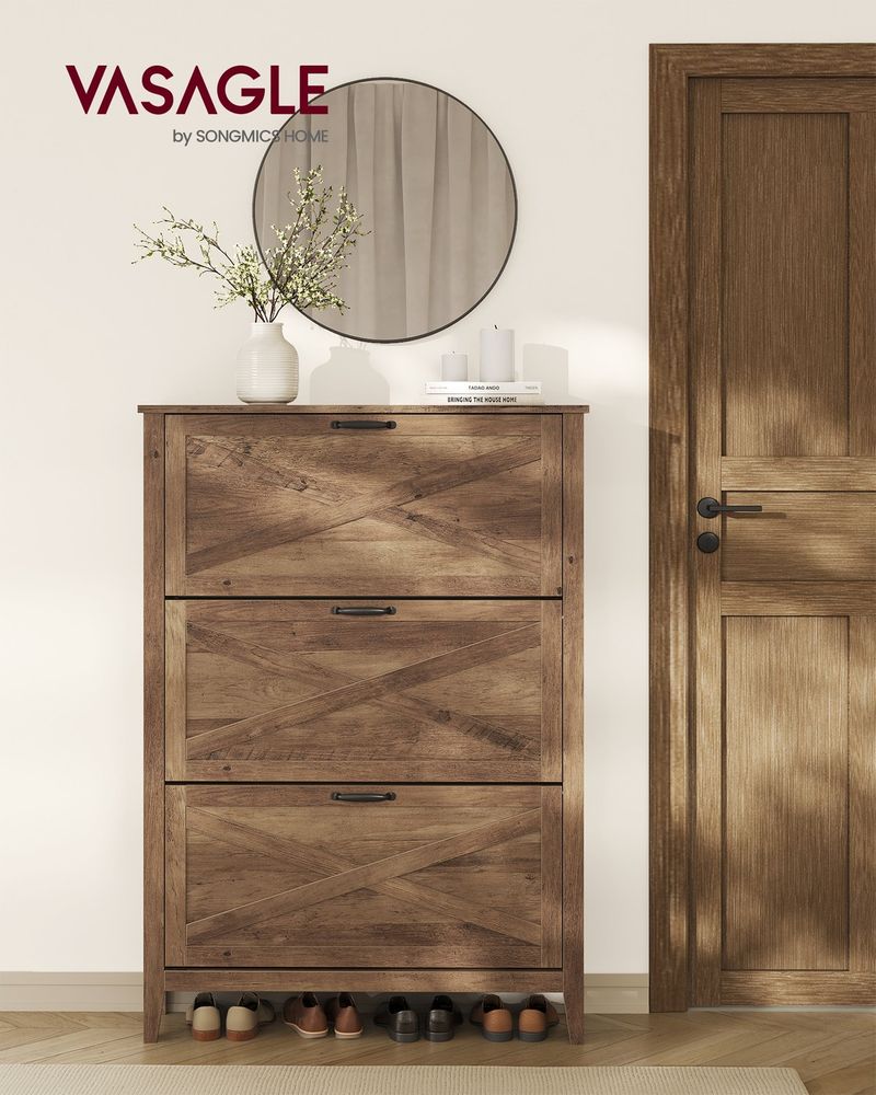 Shoe Storage Cabinet – 3 Flip Drawers – Farmhouse Entryway Organizer
