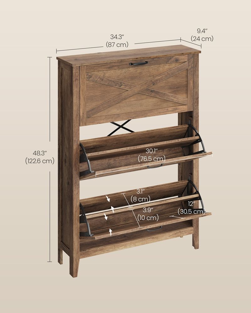 Shoe Storage Cabinet – 3 Flip Drawers – Farmhouse Entryway Organizer