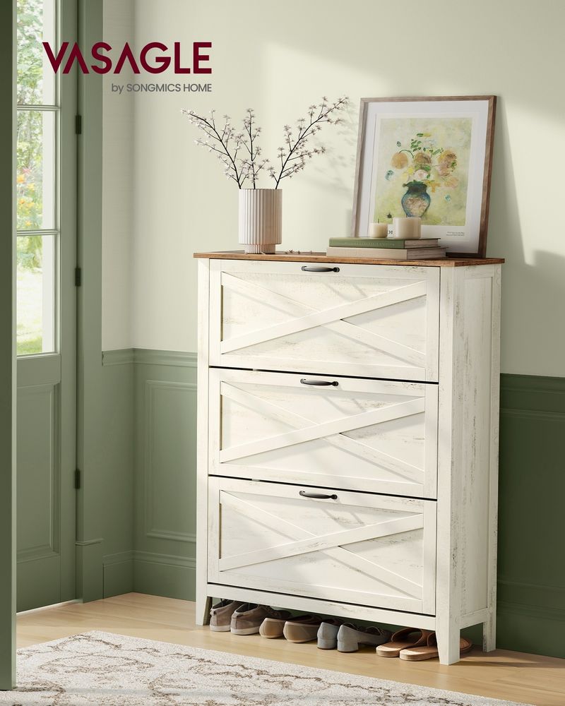 Shoe Storage Cabinet – 3 Flip Drawers – Farmhouse Entryway Organizer