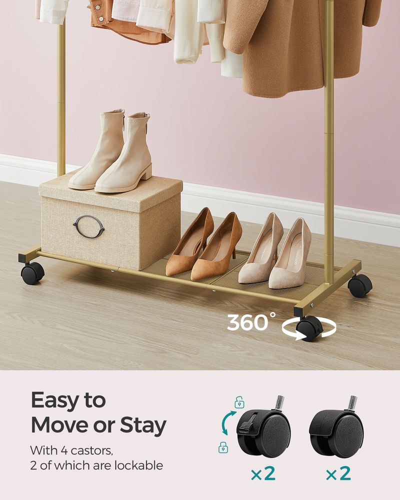 Clothes Rack With Wheels – Dense Mesh Storage Shelf – Rolling Garment Rack