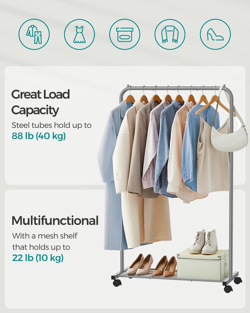 Clothes Rack With Wheels – Dense Mesh Storage Shelf – Rolling Garment Rack