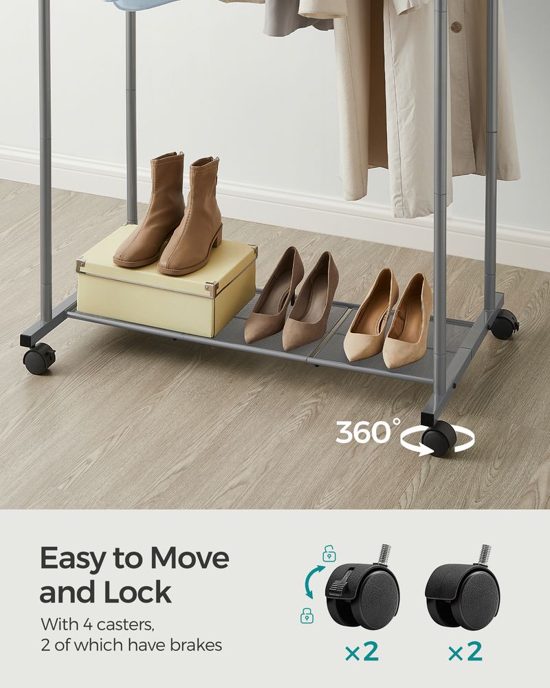 Clothes Rack With Wheels – Dense Mesh Storage Shelf – Rolling Garment Rack