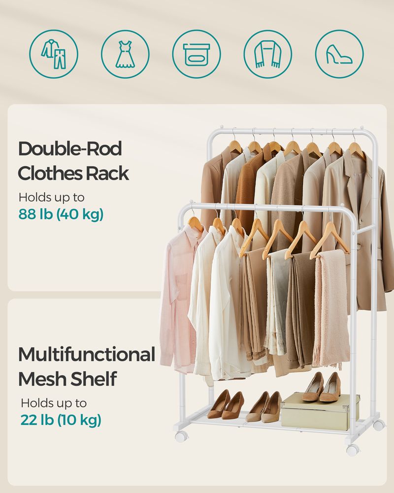 Clothes Rack With Wheels – Dense Mesh Storage Shelf – Rolling Garment Rack