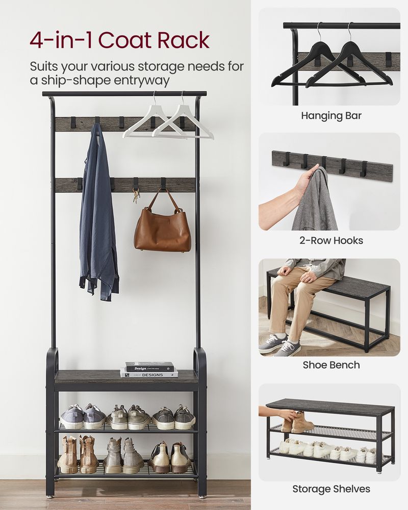 Industrial Coat Rack With Bench – 4-in-1 Hall Tree – Shoe Storage Entryway