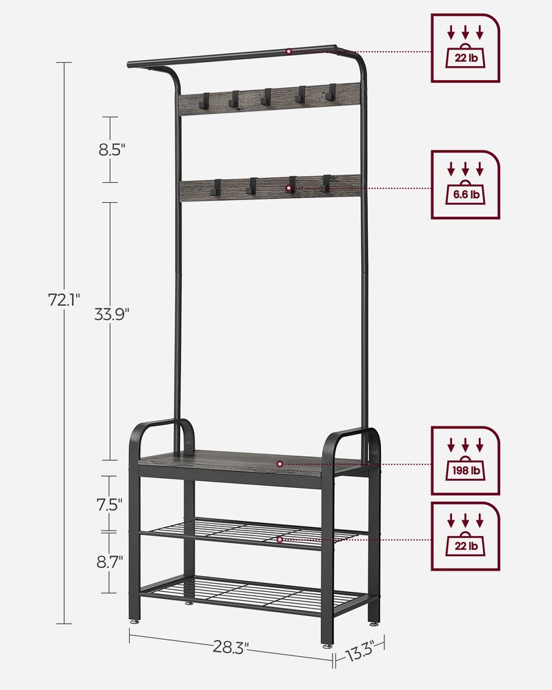 Industrial Coat Rack With Bench – 4-in-1 Hall Tree – Shoe Storage Entryway