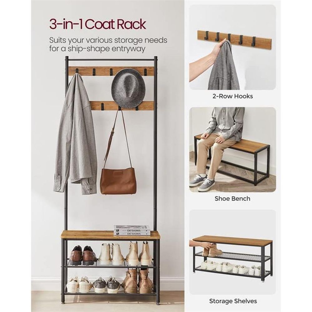 Hall Tree Coat Rack - Shoe Storage Bench - Entryway Hooks