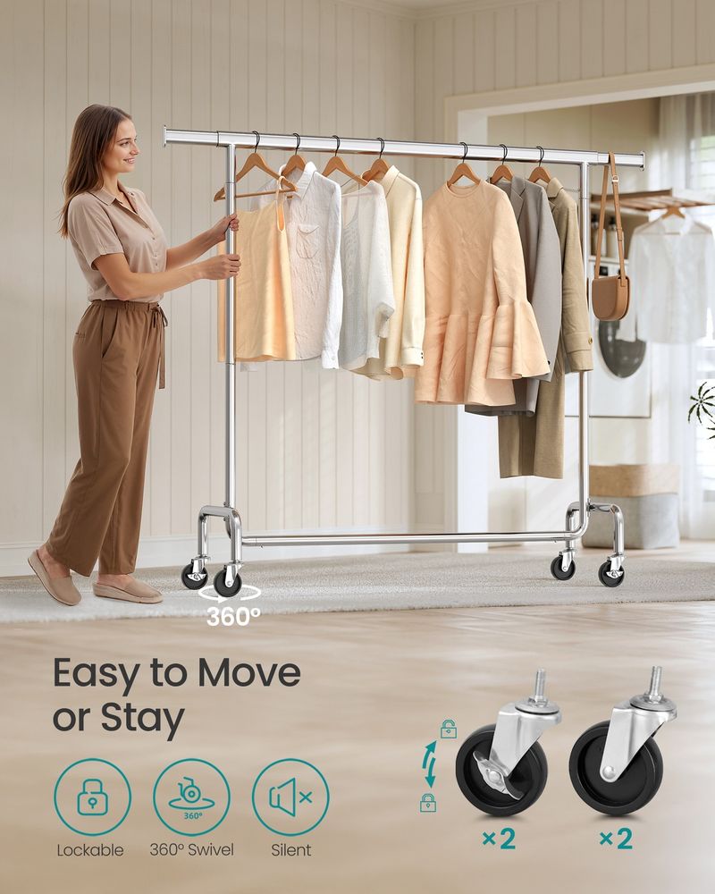 Heavy Duty Clothes Rack With Wheels Extendable Hanging Rod