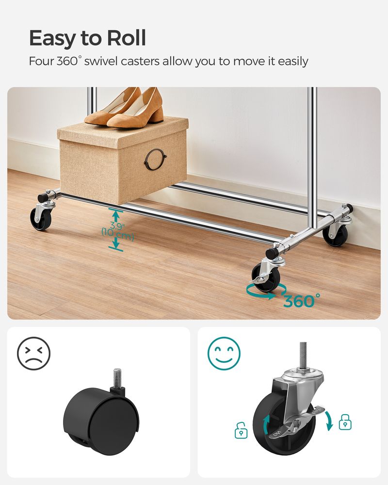 Clothes Rack With Extendable Hanging Rail Rolling Garment Rack