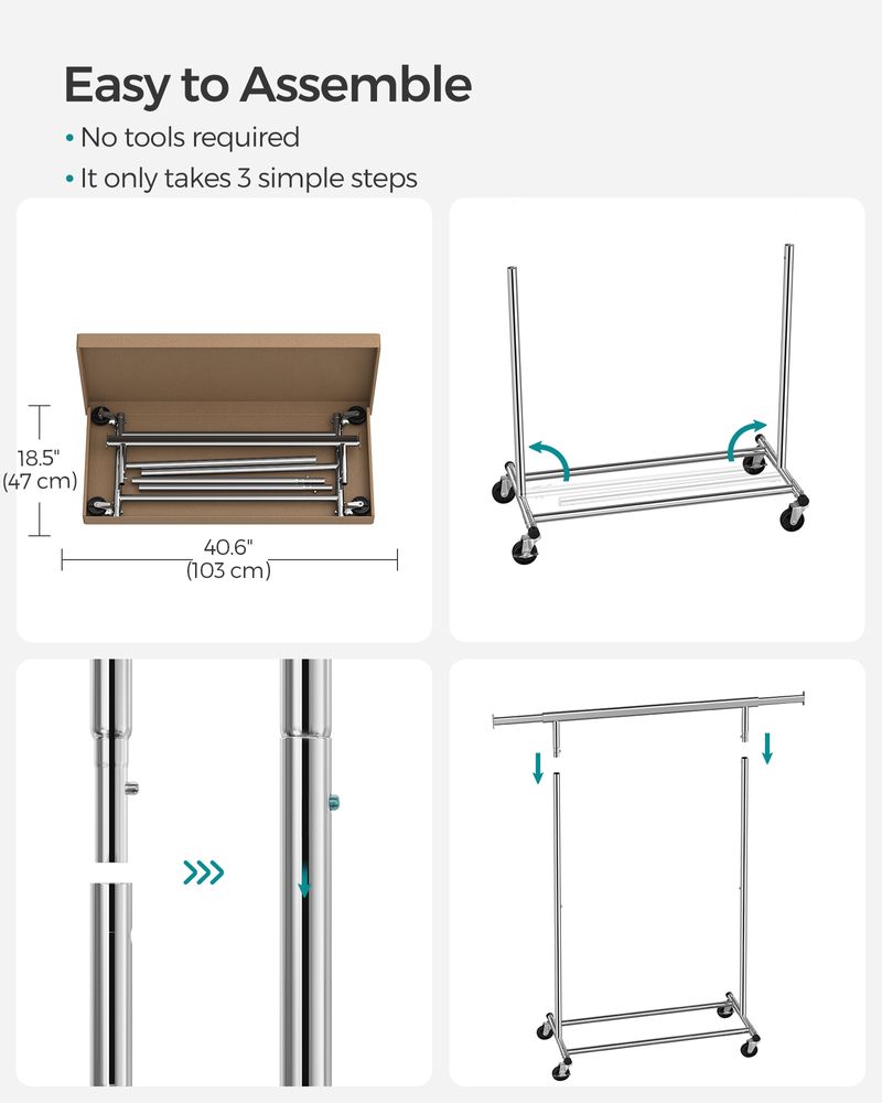 Clothes Rack With Extendable Hanging Rail Rolling Garment Rack
